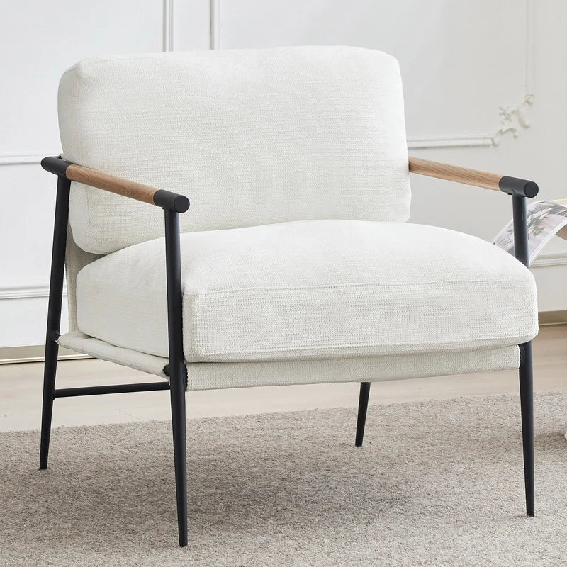 Upholstered White Accent Chair with Metal Legs & Arms