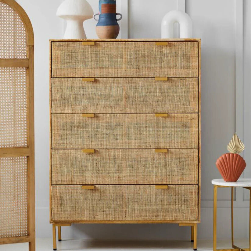 Rattan Webbed Storage Chest Of Drawers with Rich Wood Accents