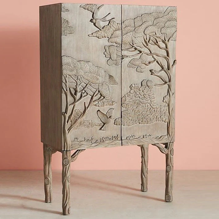 Elegant Foliage Handcarved Bar Cabinet