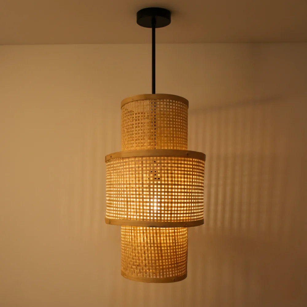 Artisan Aura Bamboo Hanging Lamp - Stacked Lantern Cane Drum