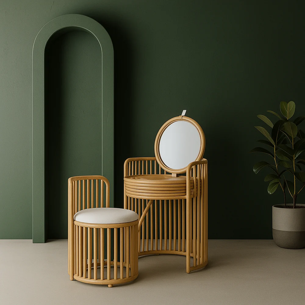 Dressing Table with Foldable Rattan Vanity and Stool