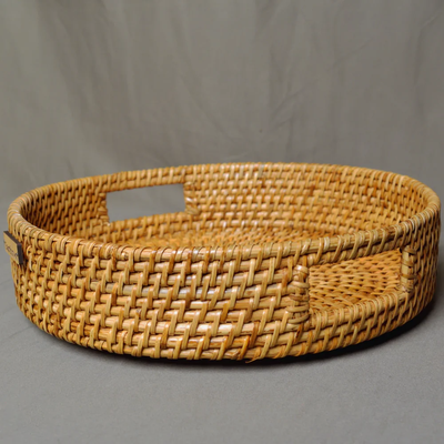 Whisper Weave - Handwoven Round Rattan Tray with Cut-Out Handles