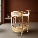 Bar Cart with Rattan Shelves and Rolling Wheels