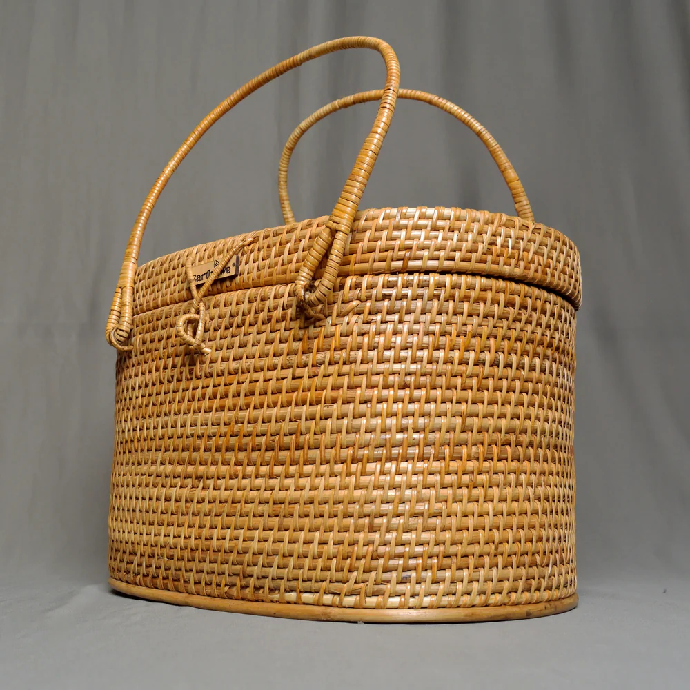 Borough - Lidded Oval Rattan Utility Basket with Dual Handles