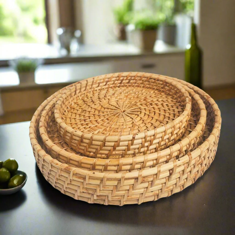 Serving Tray Set of 3 | Celestial Charm Trio Circular Rattan