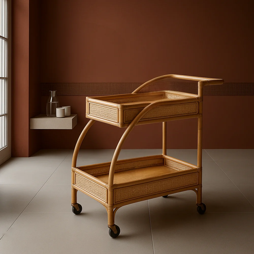Bar Cart with Rattan Shelves | Curved Cruiser Design
