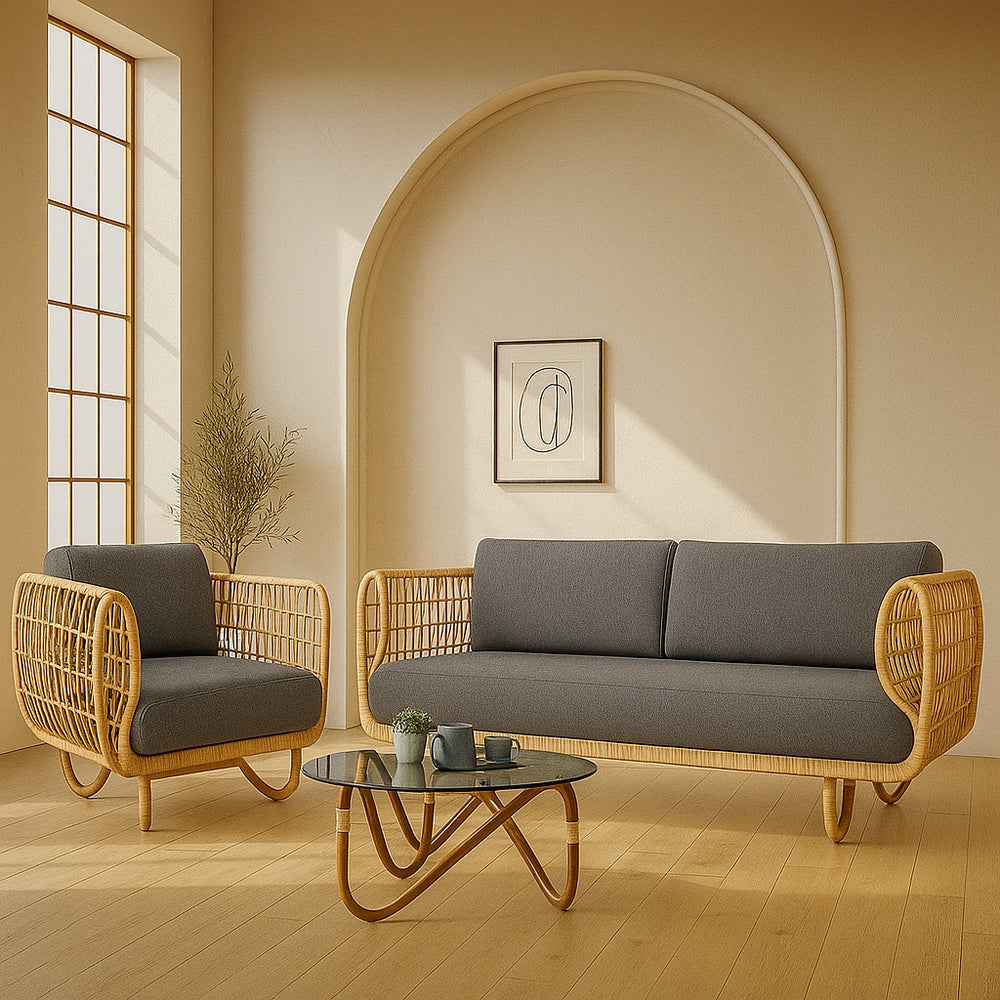 Cane Sofa Set with Curved Rattan Design for Indoor & Outdoor