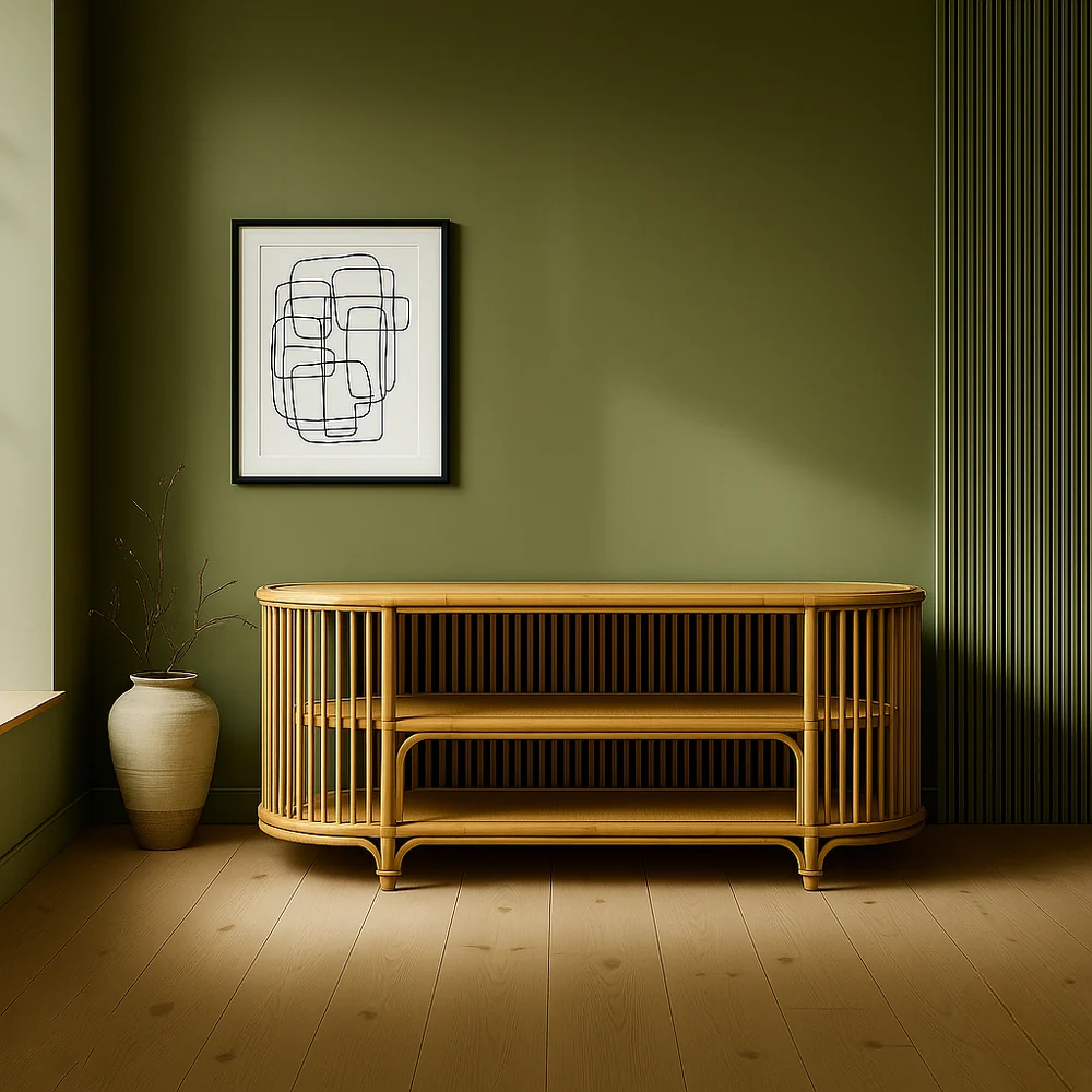 Console Table with Rattan Shelving for Entertainment Spaces