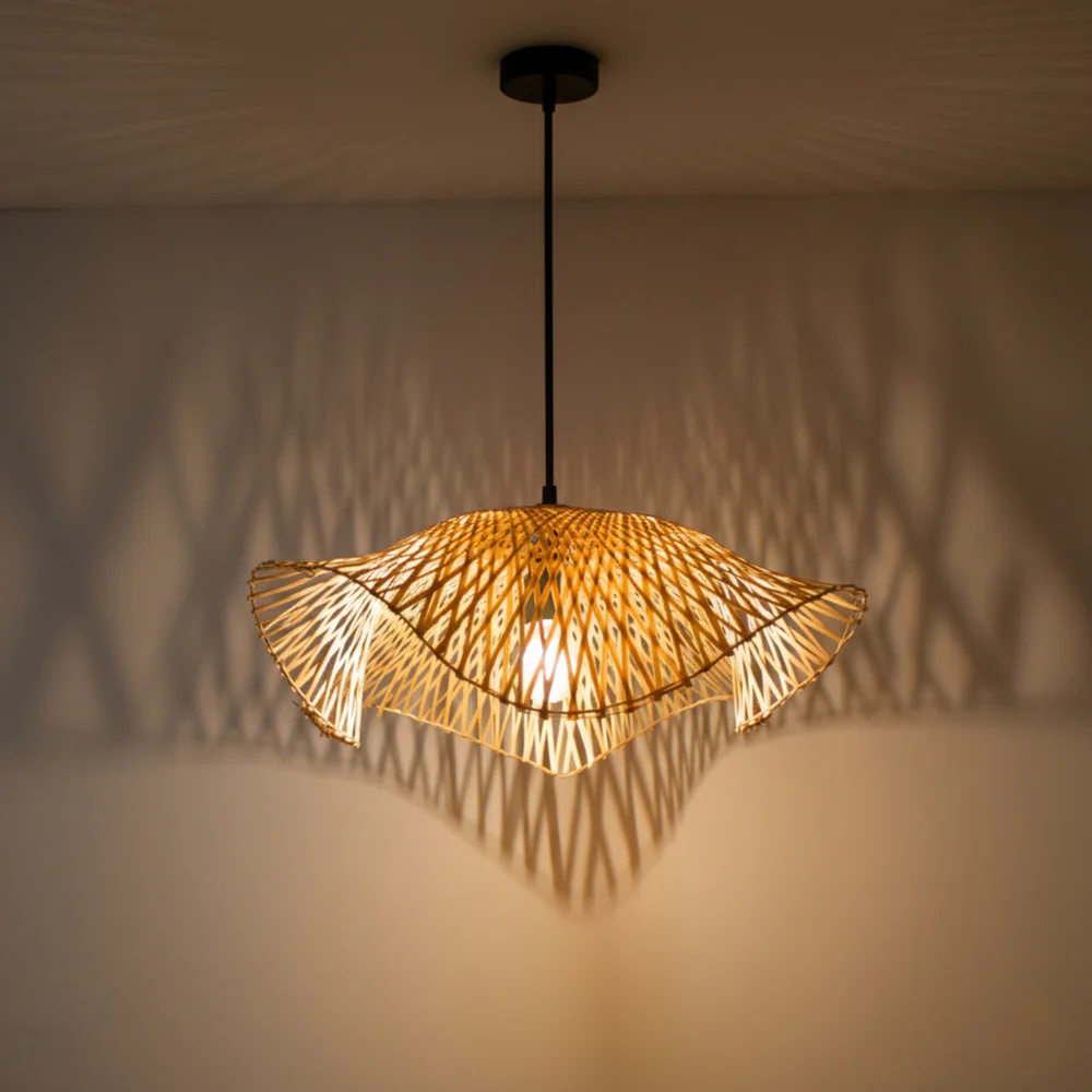Radiance Bamboo Hanging Lamp - Wave-Edge Chevron Cane
