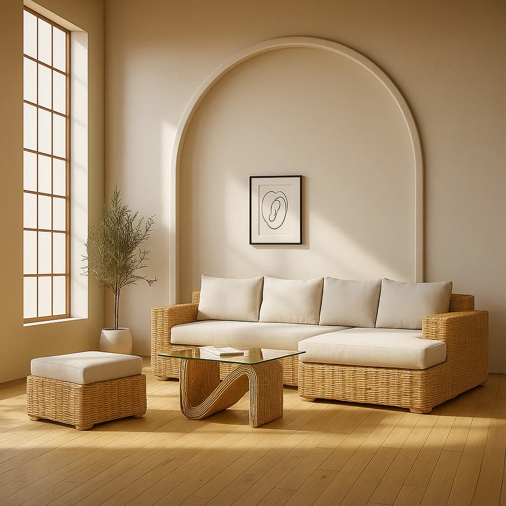 Cane Sofa Set with L Shaped Rattan Design for Indoors