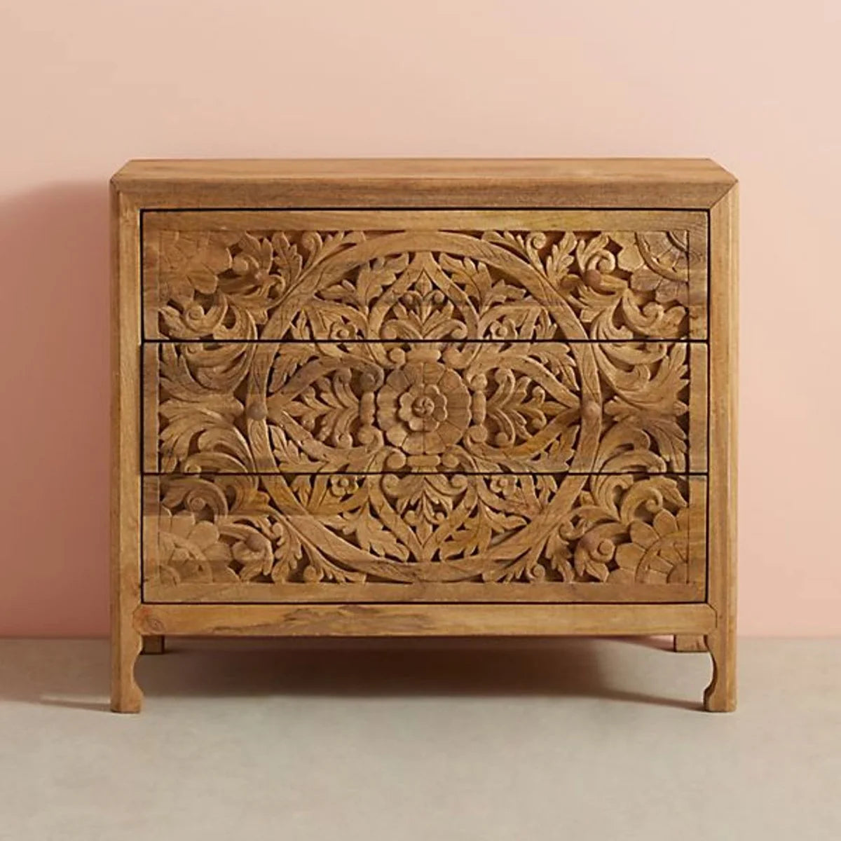 Elegant Floral Handcarved 3-Drawer Dresser