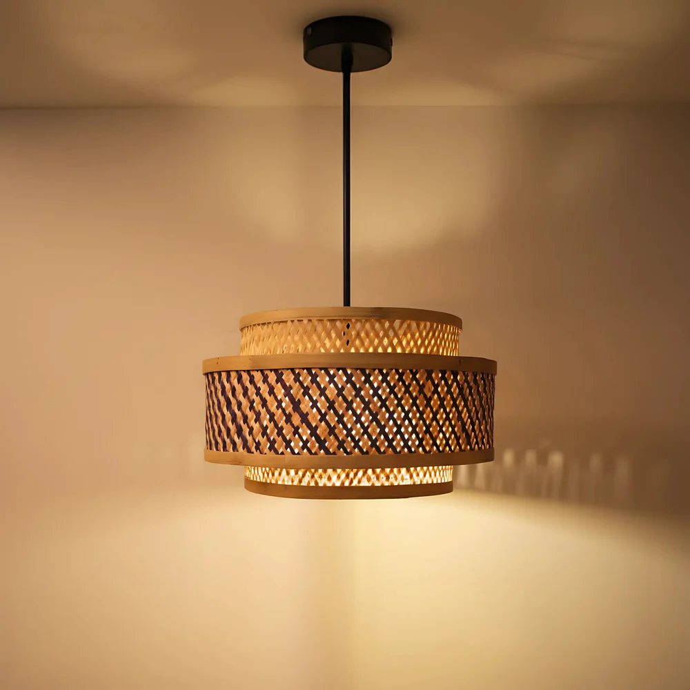 Double Layer Bamboo Hanging Lamp - Tiered Drum Pendant