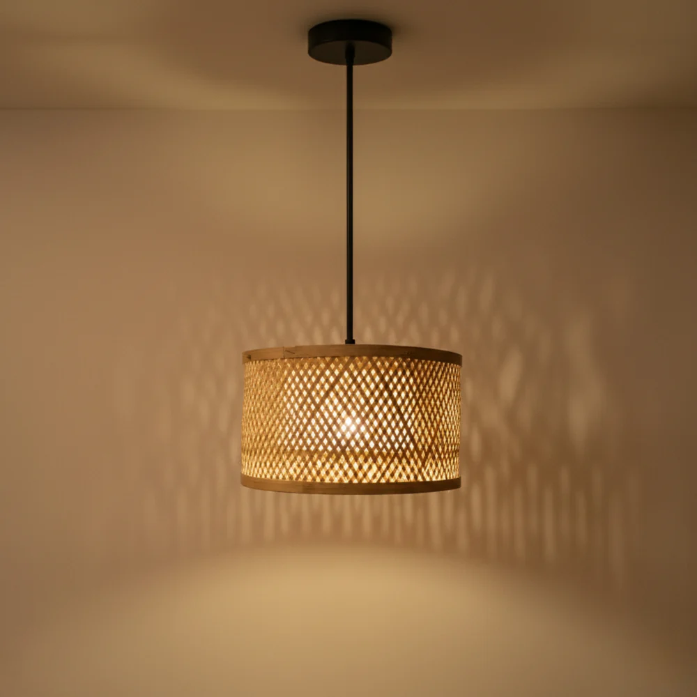 Minimal Nest Bamboo Hanging Lamp - Diamond Lattice Drum