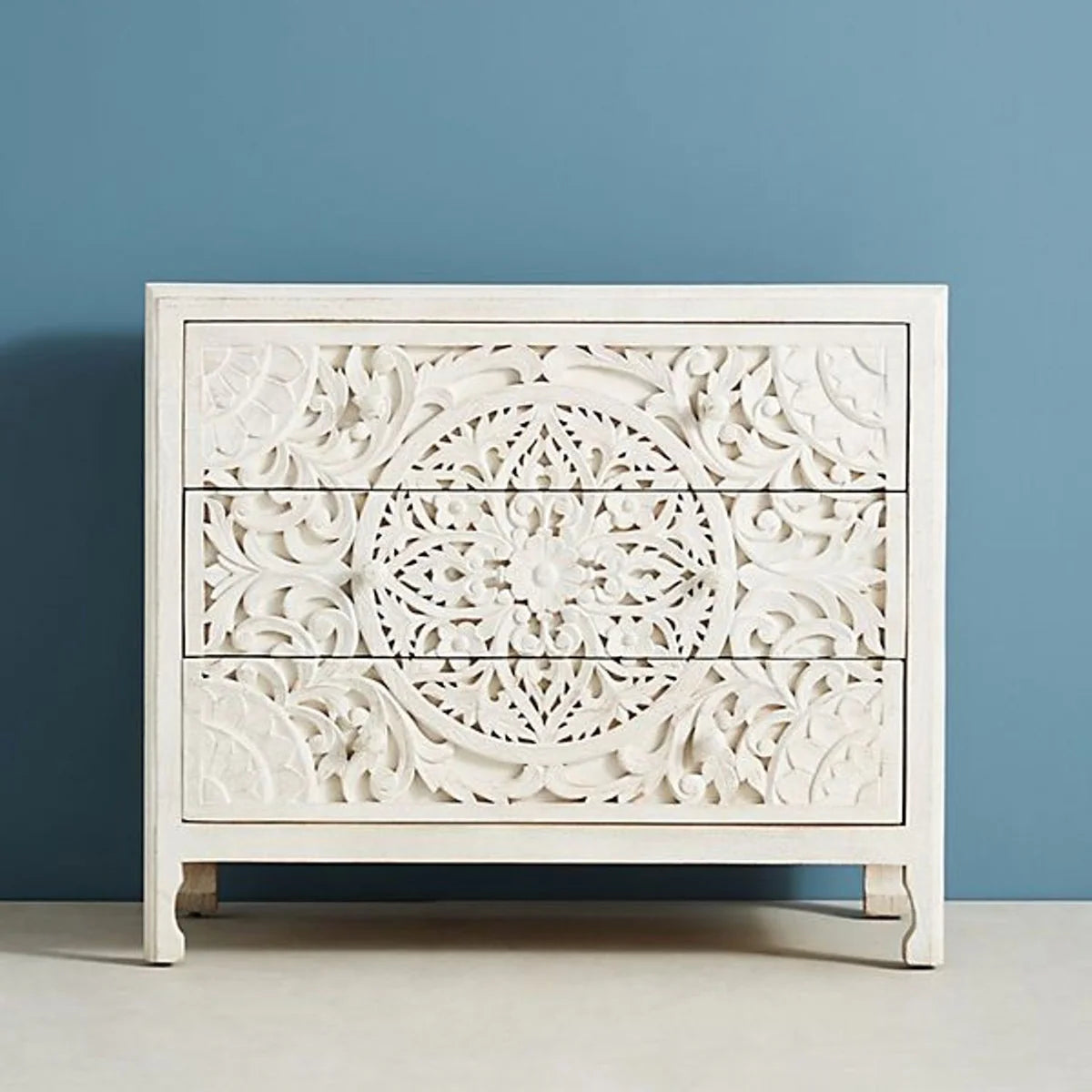 Beautifully Handcarved 3-Drawer White Chest of Drawers