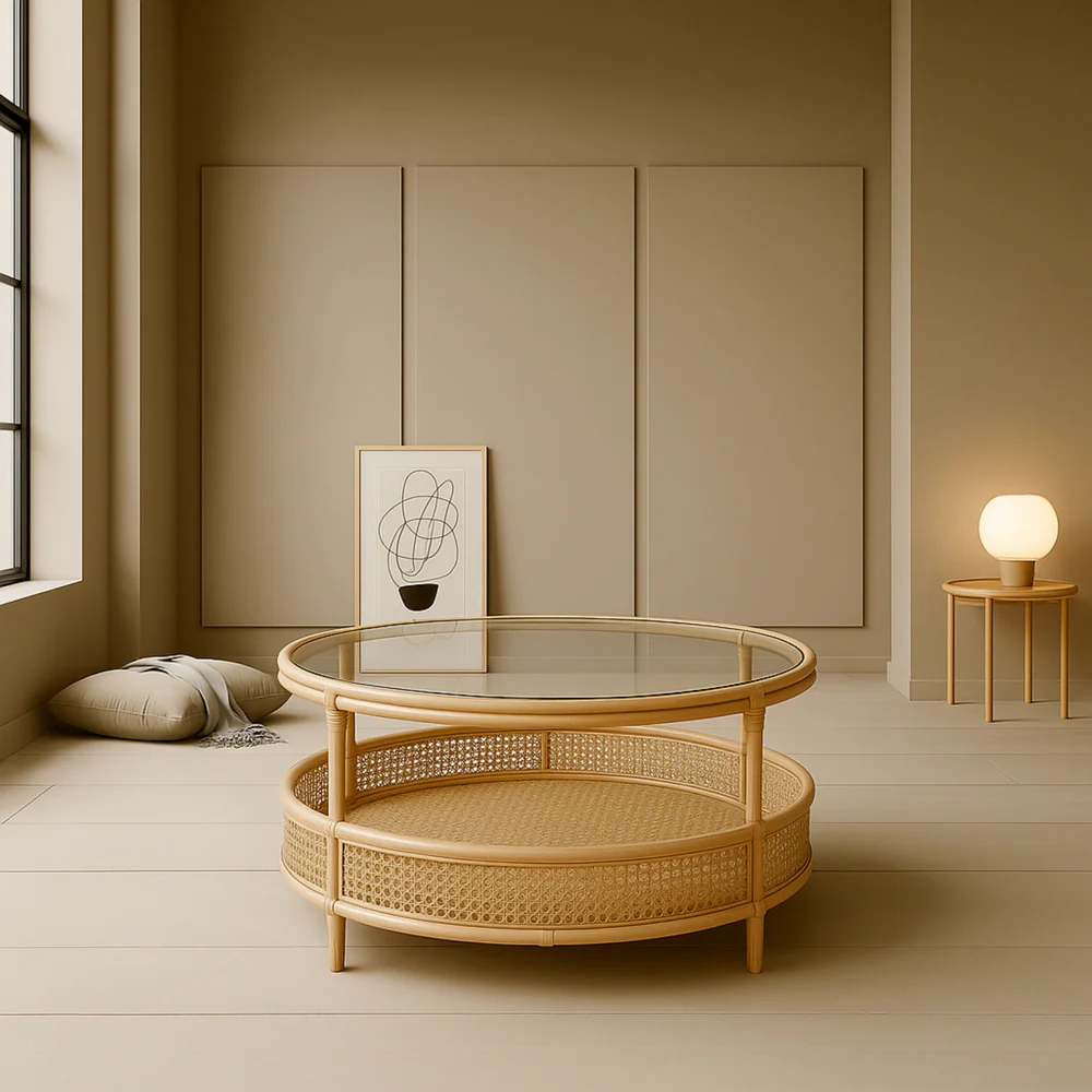 Coffee Table with Circular Chic Design and Natural Rattan (Without Glass)