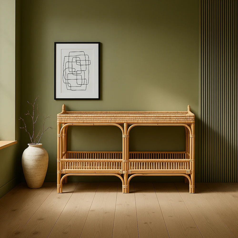 Console Table with Marvel Rattan Weaving and Two-Tier Design