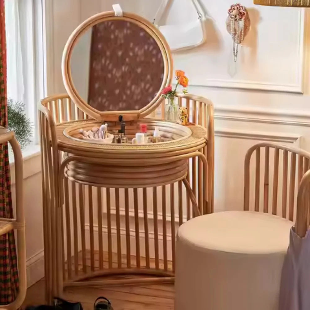 Dressing Table with Foldable Rattan Vanity and Stool