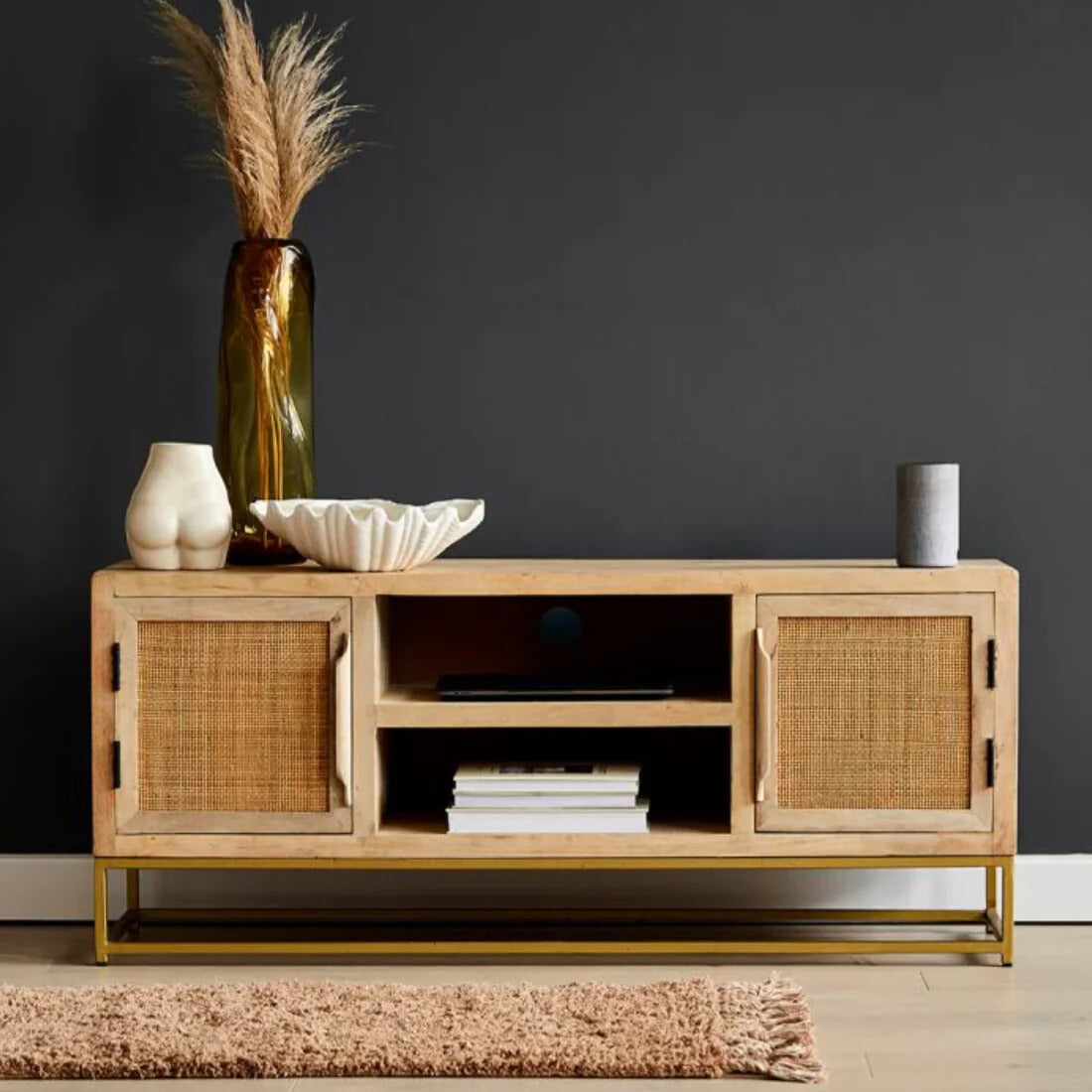 Elegant Solid Wood Cane TV Unit