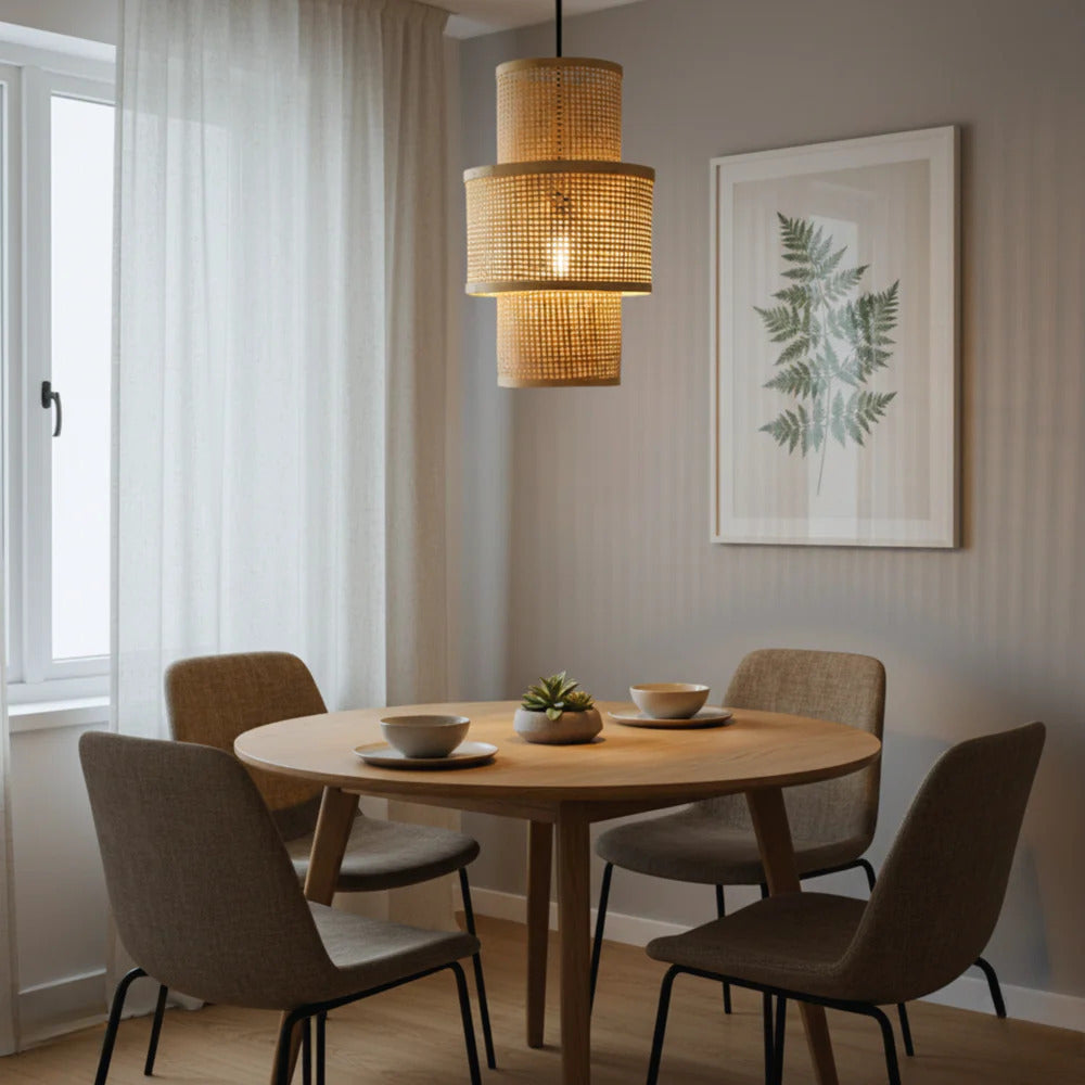 Artisan Aura Bamboo Hanging Lamp - Stacked Lantern Cane Drum