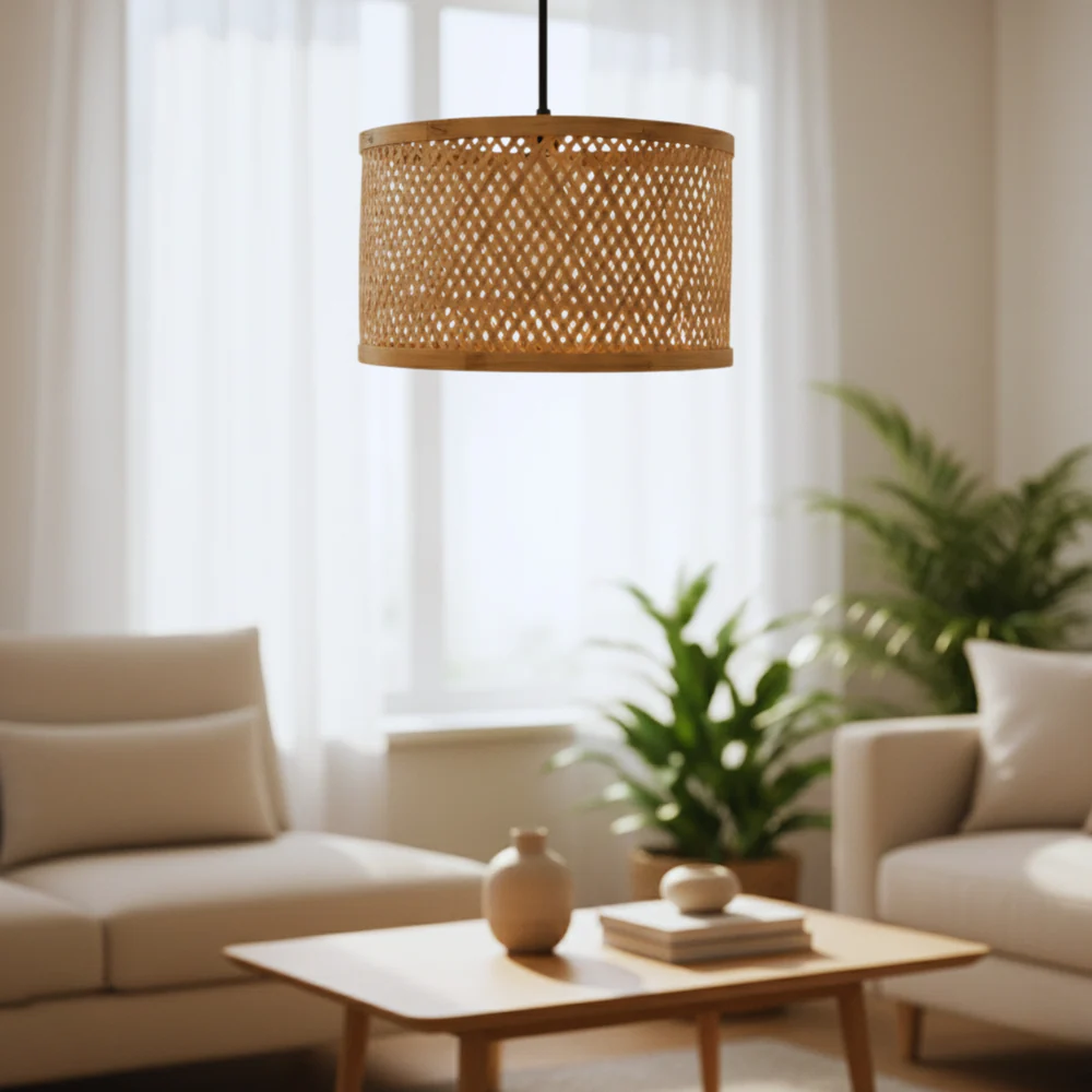 Minimal Nest Bamboo Hanging Lamp - Diamond Lattice Drum