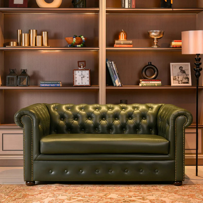Brand New Olive Green Genuine Leather Chesterfield 2-Seater Sofa