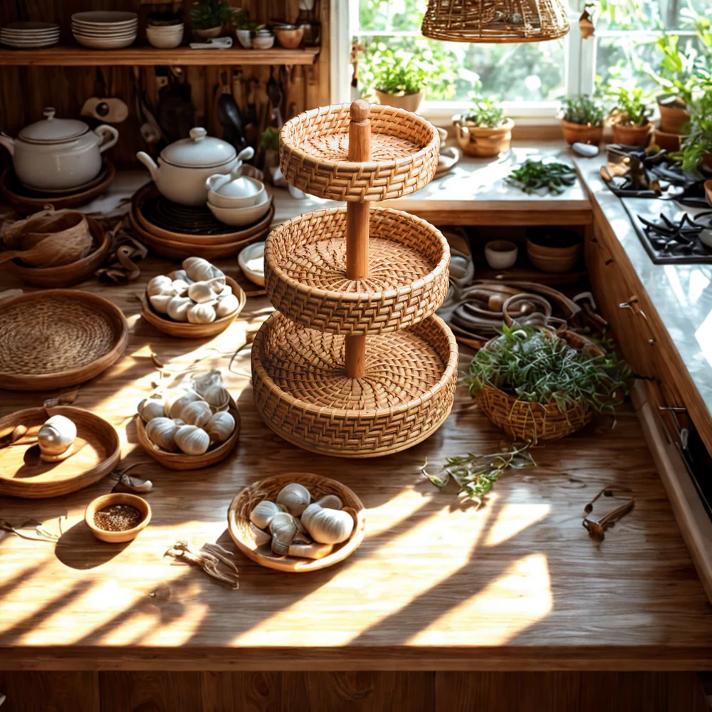 3 Tier Rack Refresh - Handmade Natural Rattan Basket Stand