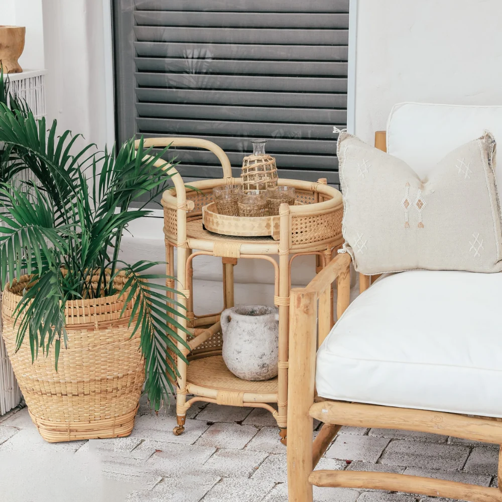 Bar Cart with Rattan Shelves | Roadster Round Design