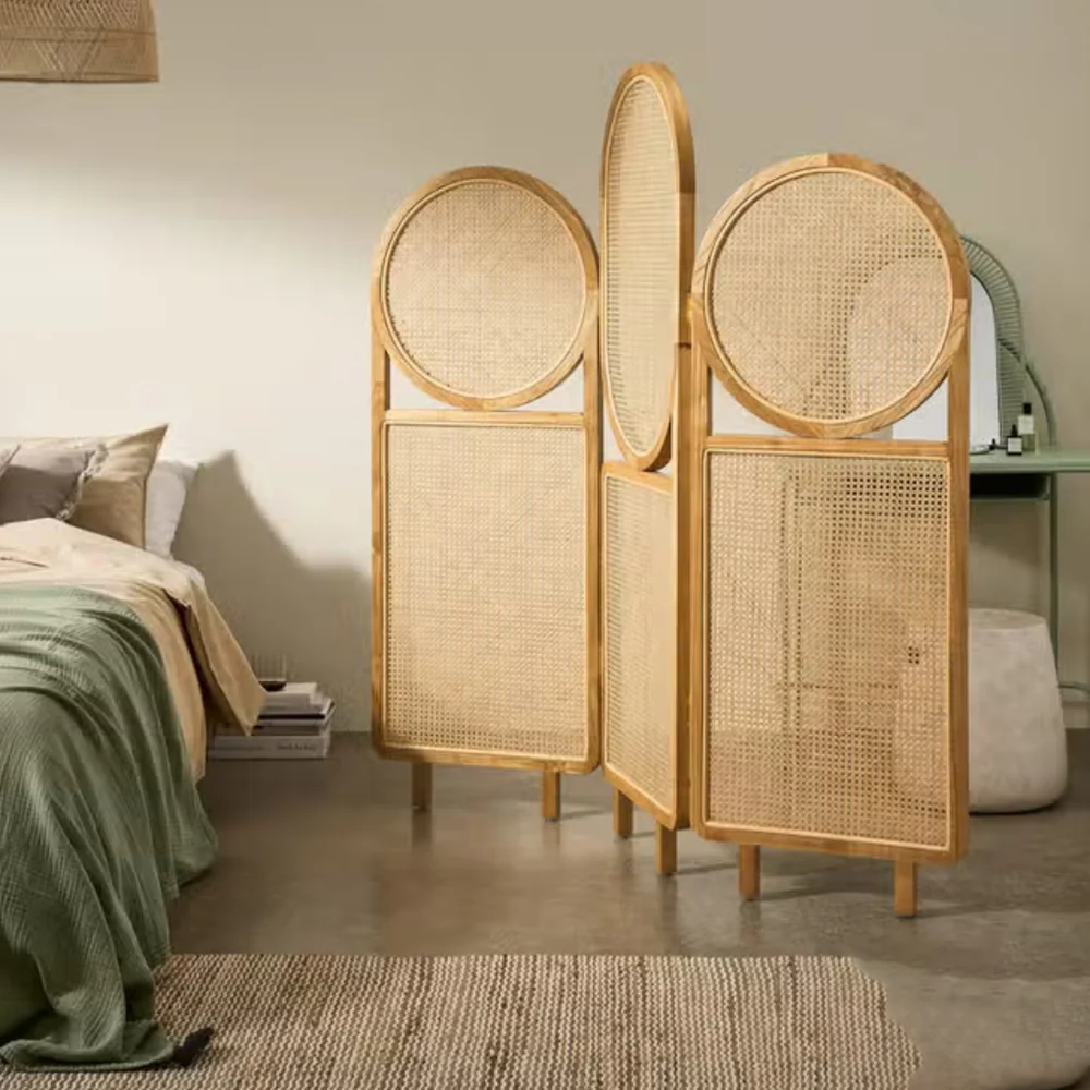 Room Partition Circle Screen Rattan Divider with Folding Panels