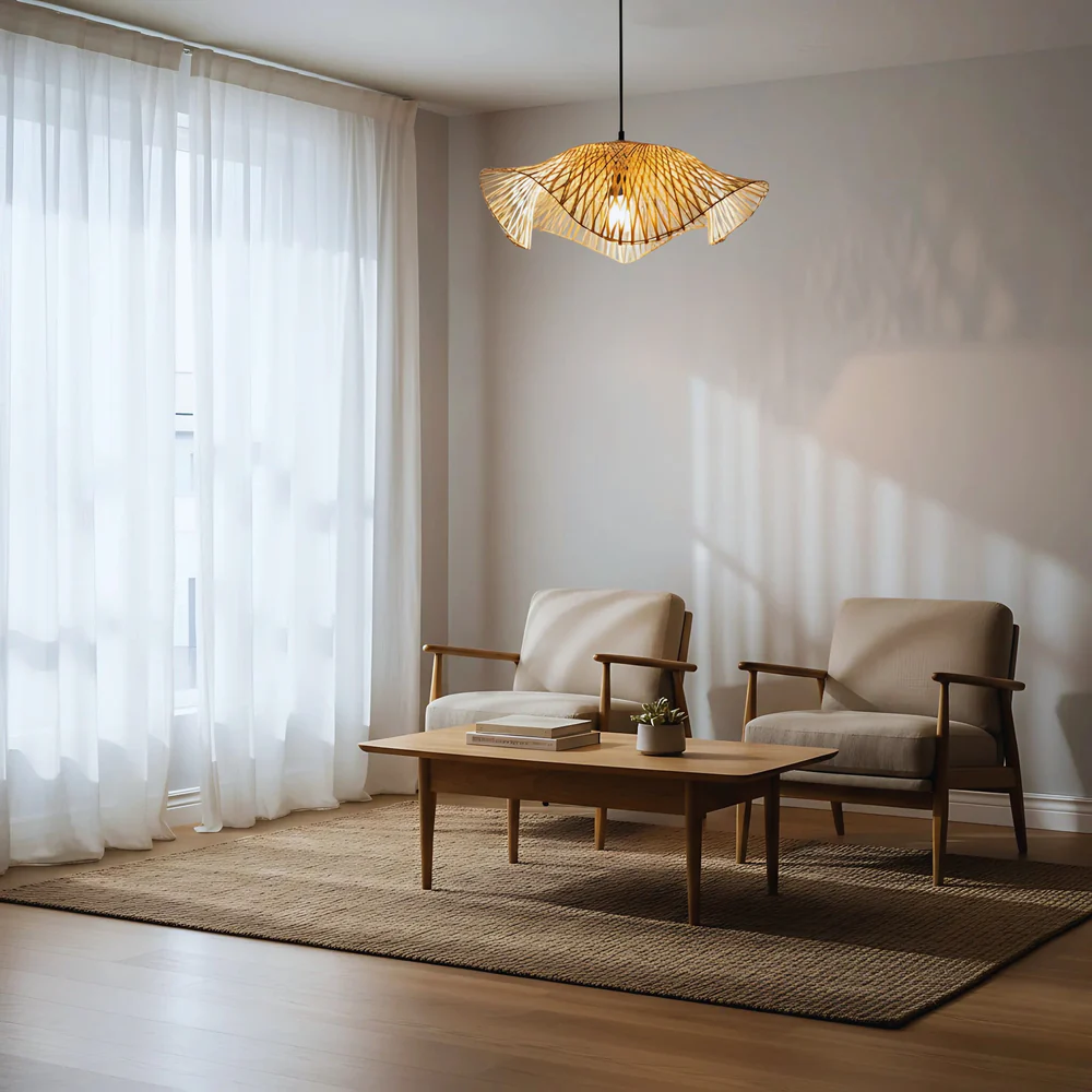 Radiance Bamboo Hanging Lamp - Wave-Edge Chevron Cane