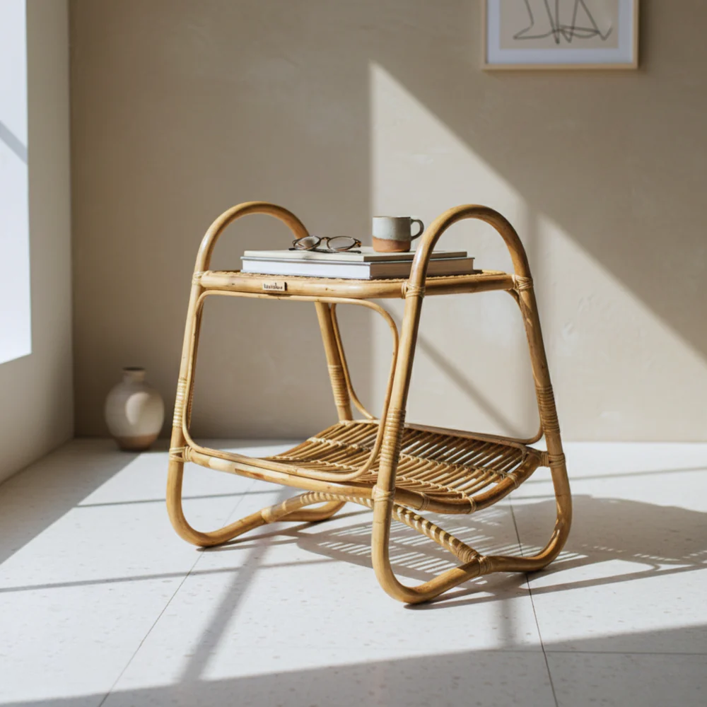 Side Table with Double-Tier Rattan Design