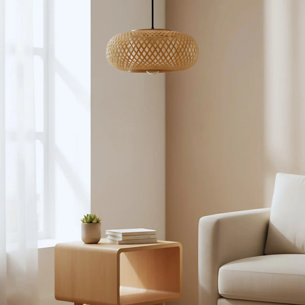 Oval Cage Bamboo Hanging Lamp - Open Lattice Cane