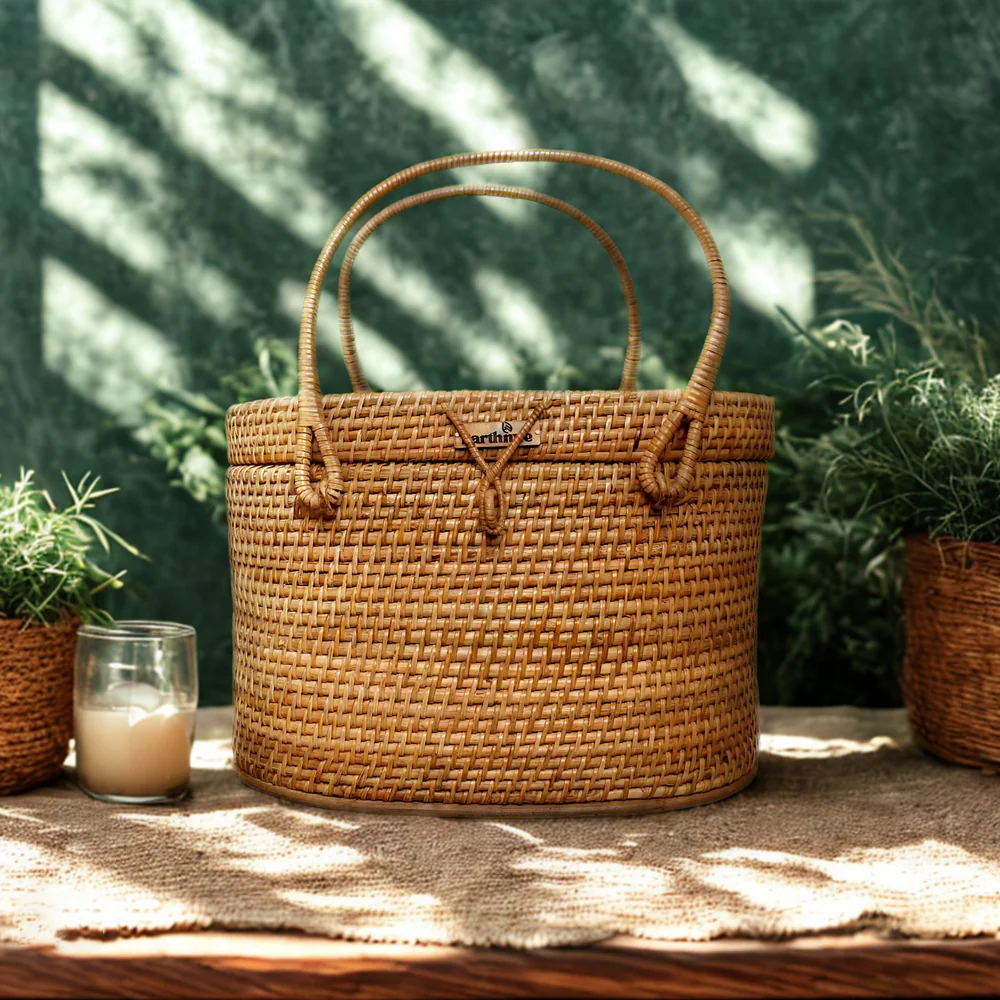Borough - Lidded Oval Rattan Utility Basket with Dual Handles