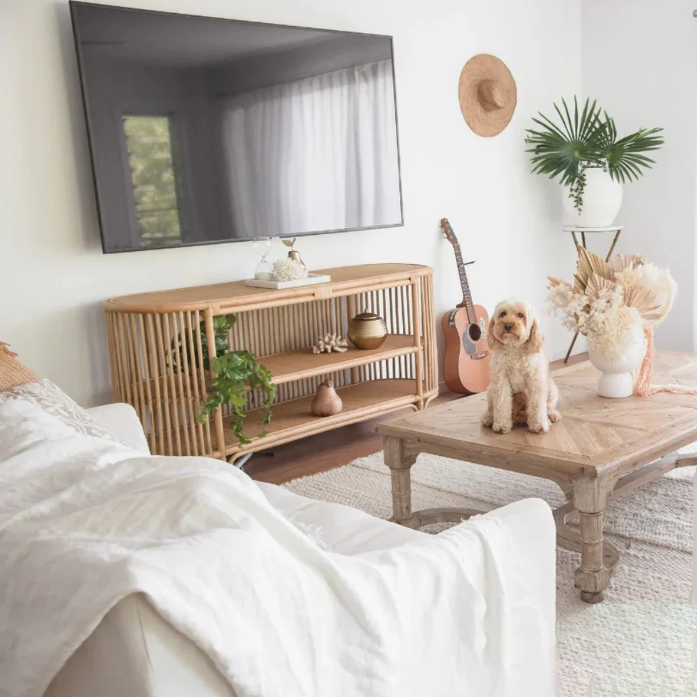Console Table with Rattan Shelving for Entertainment Spaces