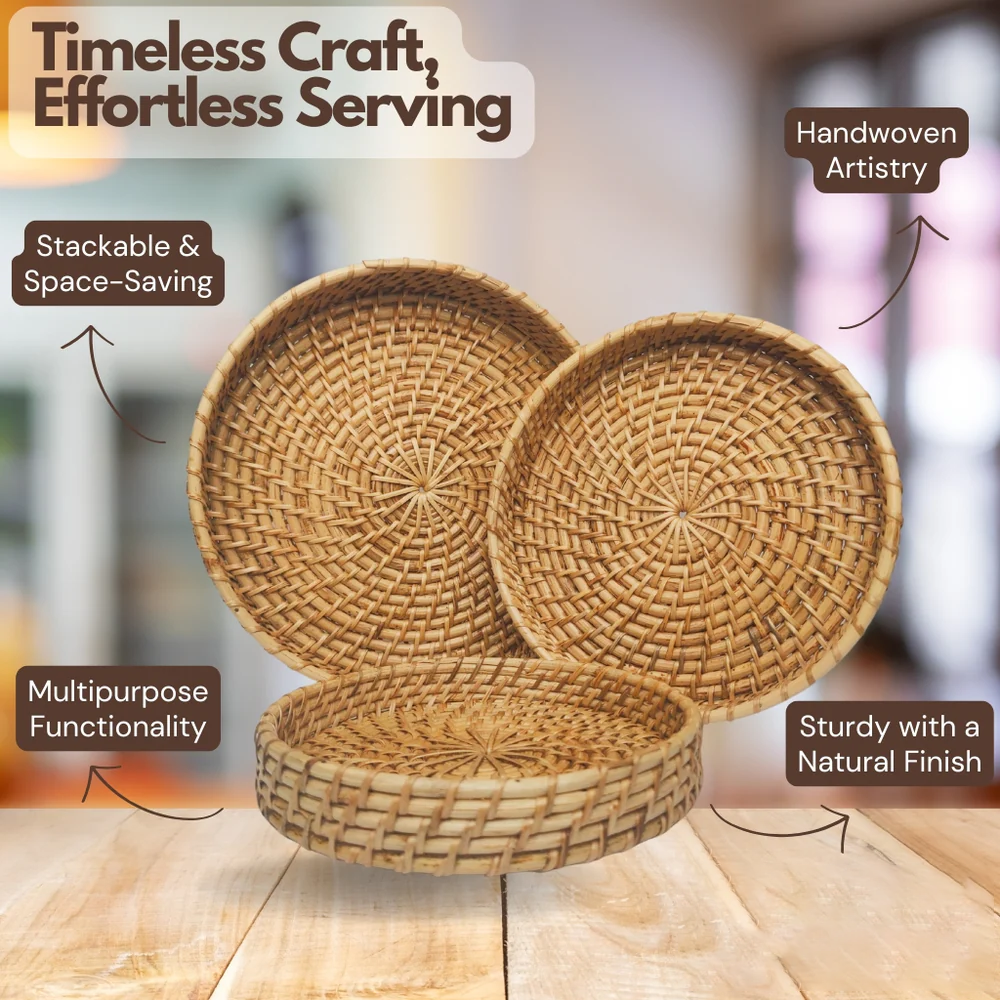 Serving Tray Set of 3 | Celestial Charm Trio Circular Rattan