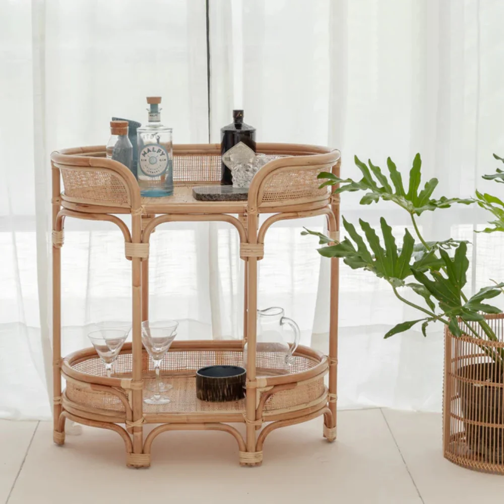 Bar Cart and Table with Rattan Shelves | Rendezvous Entertaining