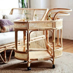 Bar Cart with Rattan Shelves and Rolling Wheels