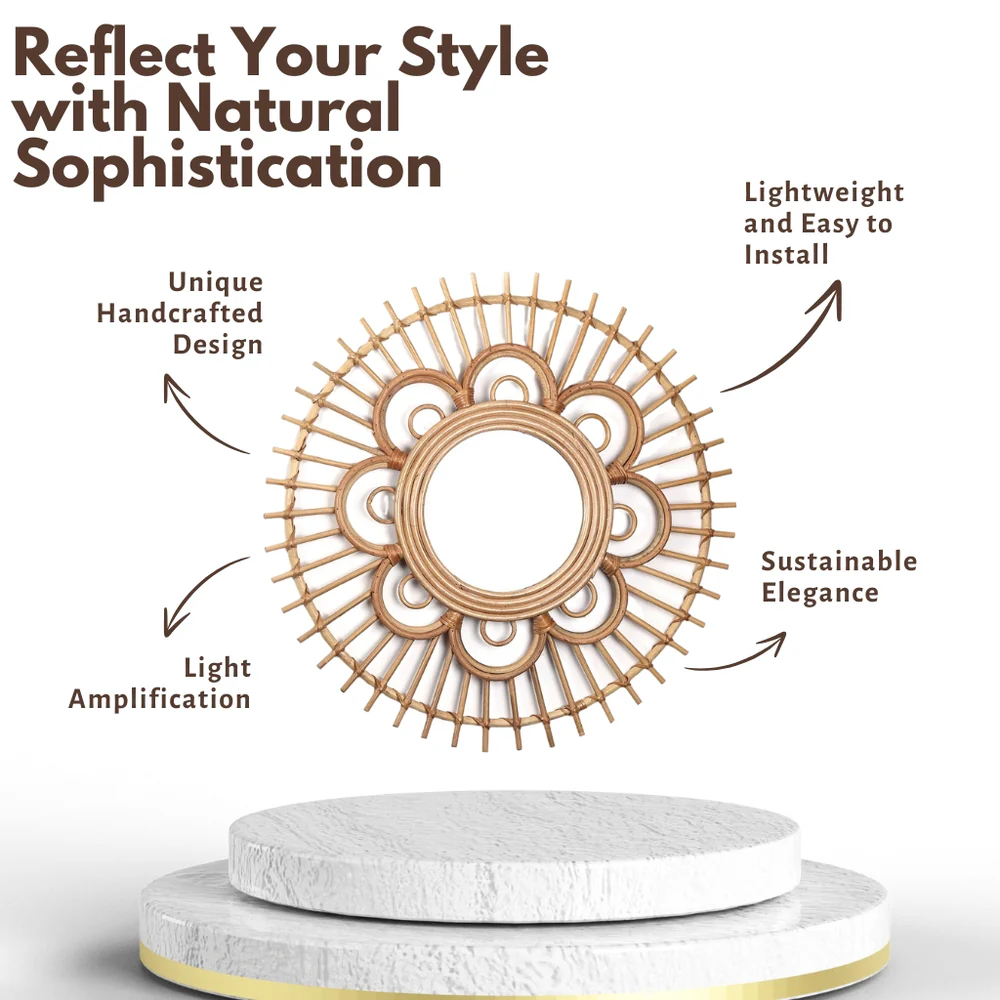Wall Mirror with Rattan Sunburst Design for Homes