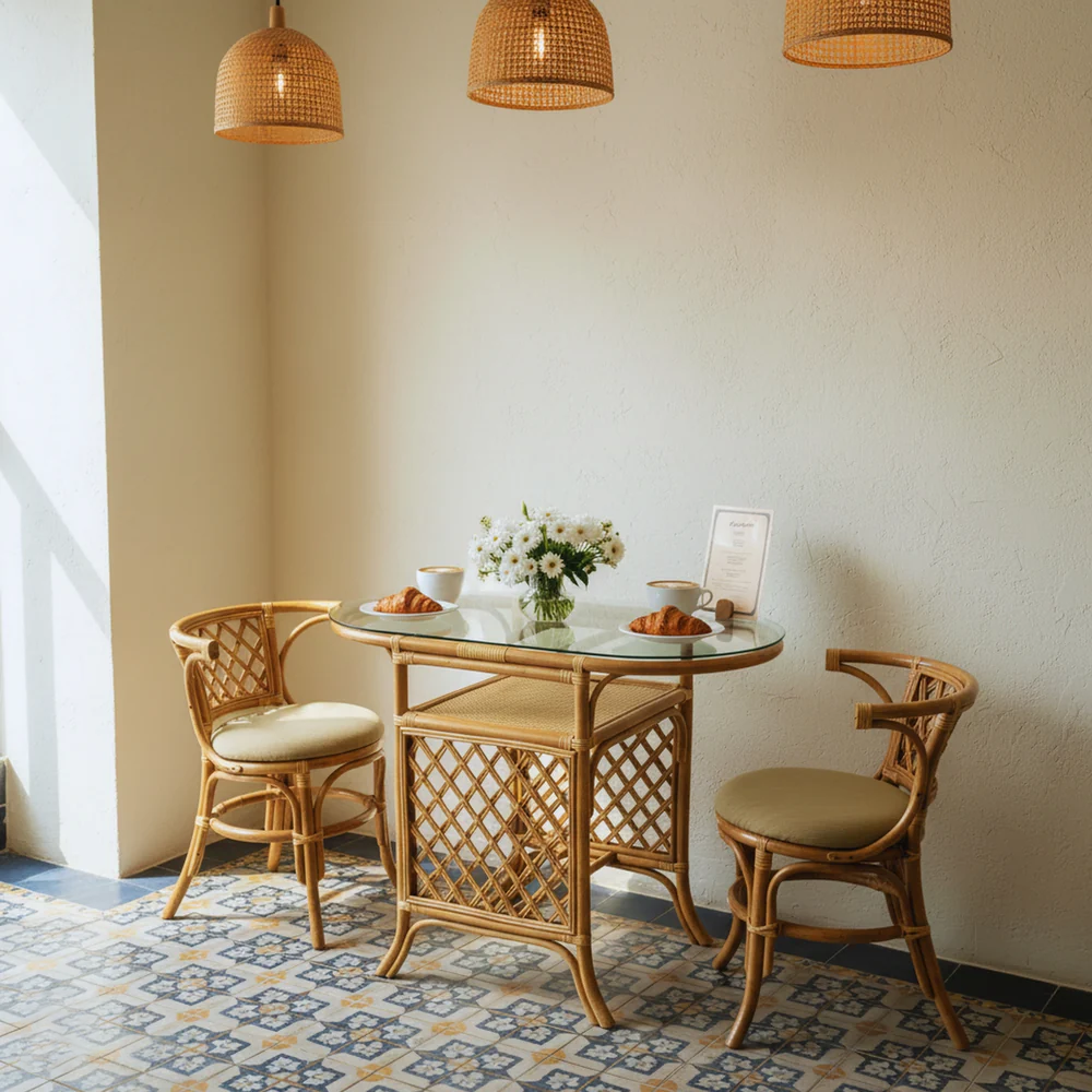 Dining Table Set with Twisted Twine Rattan Table and Chairs (Excluding Glass)