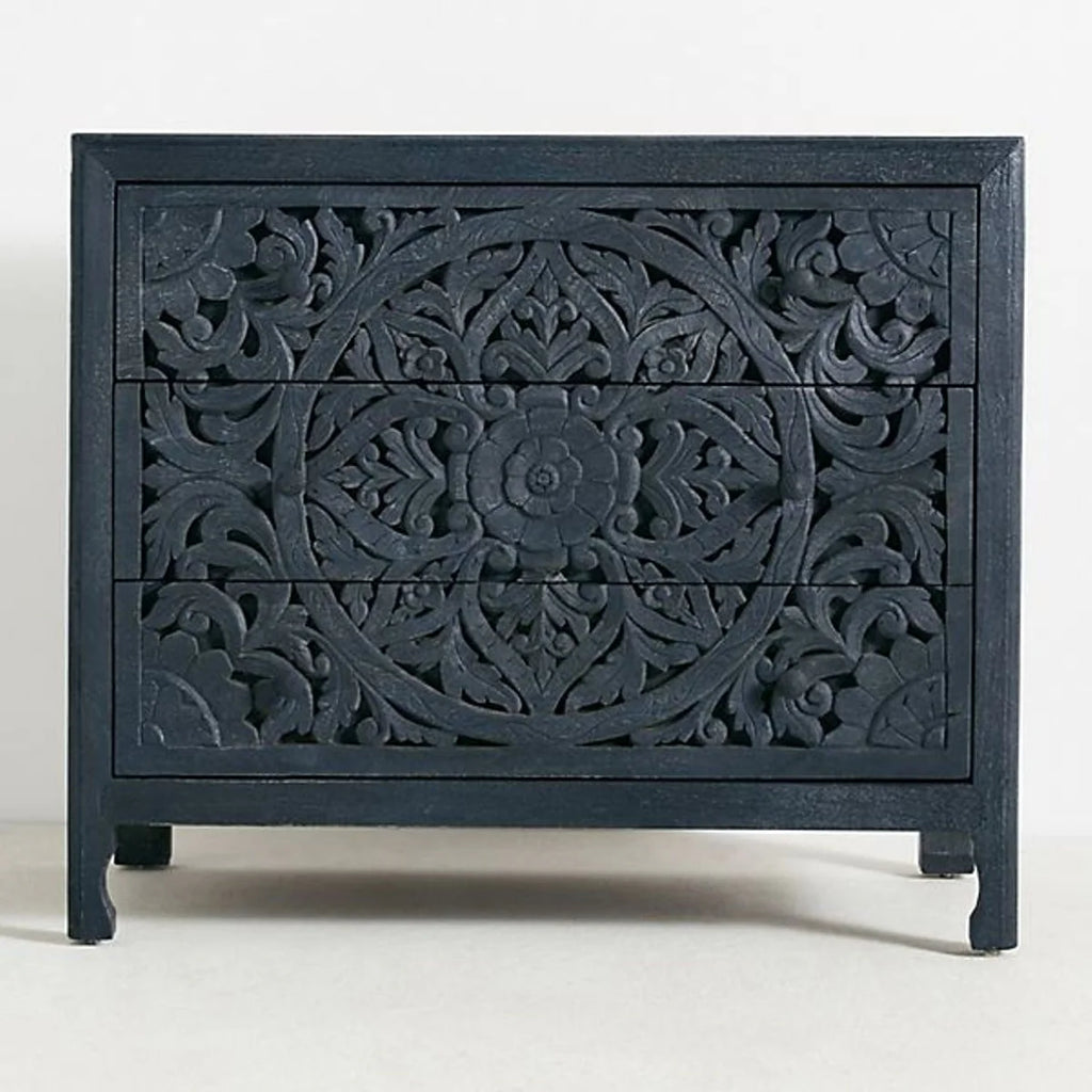 Premium Handcarved 3-Drawer Indigo Chest of Drawer