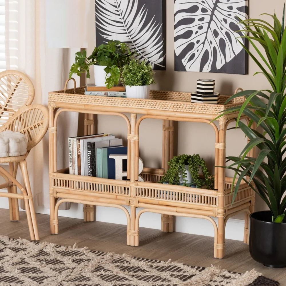 Console Table with Marvel Rattan Weaving and Two-Tier Design