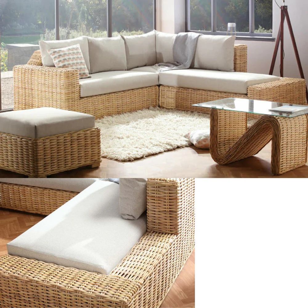 Cane Sofa Set with L Shaped Rattan Design for Indoors