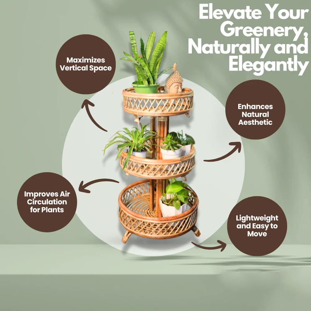 3 Tier Rattan Plant Stand for Indoor & Outdoor Gardens