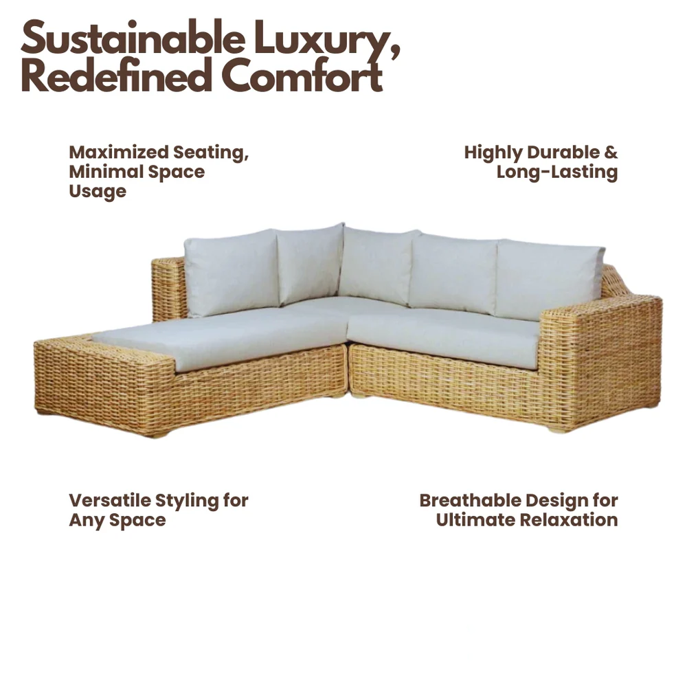 Cane Sofa Set with L Shaped Rattan Design for Indoors