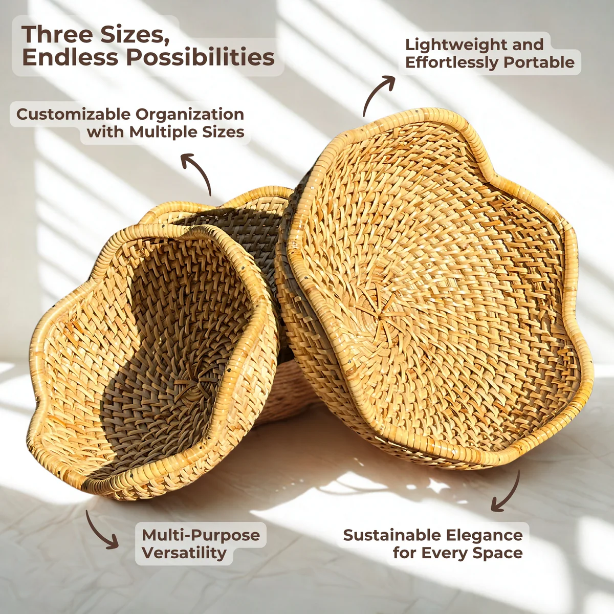 Trio Wicker - Natural Rattan Basket Set (Set of 3)