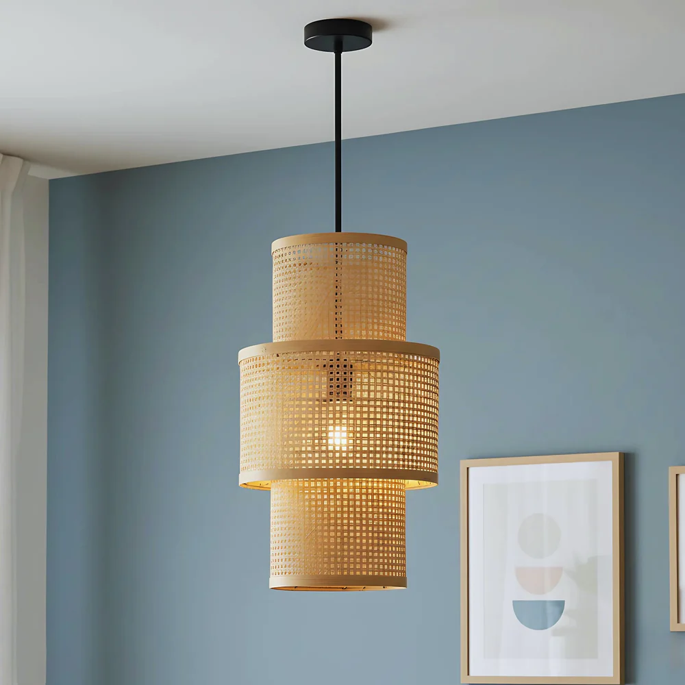 Artisan Aura Bamboo Hanging Lamp - Stacked Lantern Cane Drum