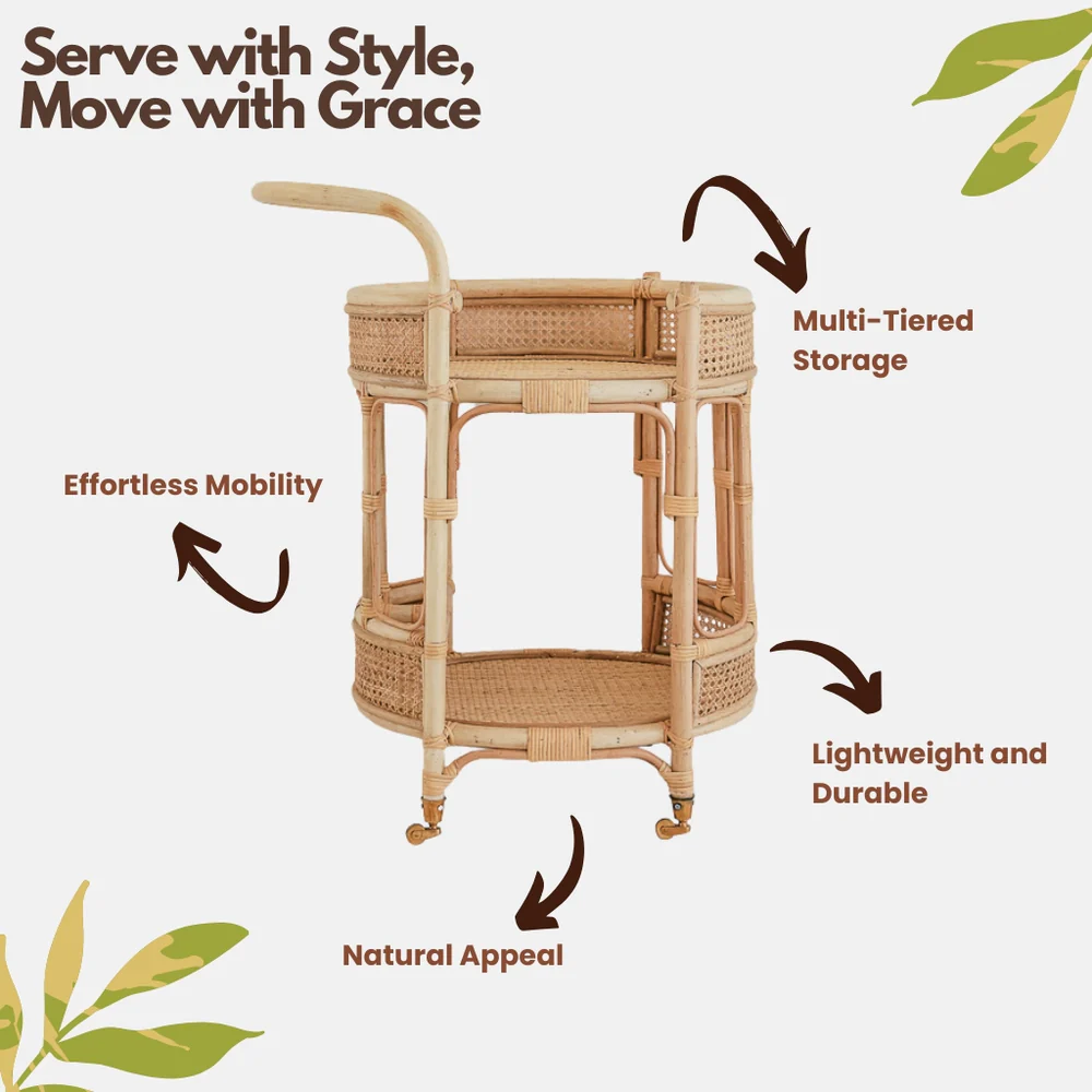 Bar Cart with Rattan Shelves | Roadster Round Design
