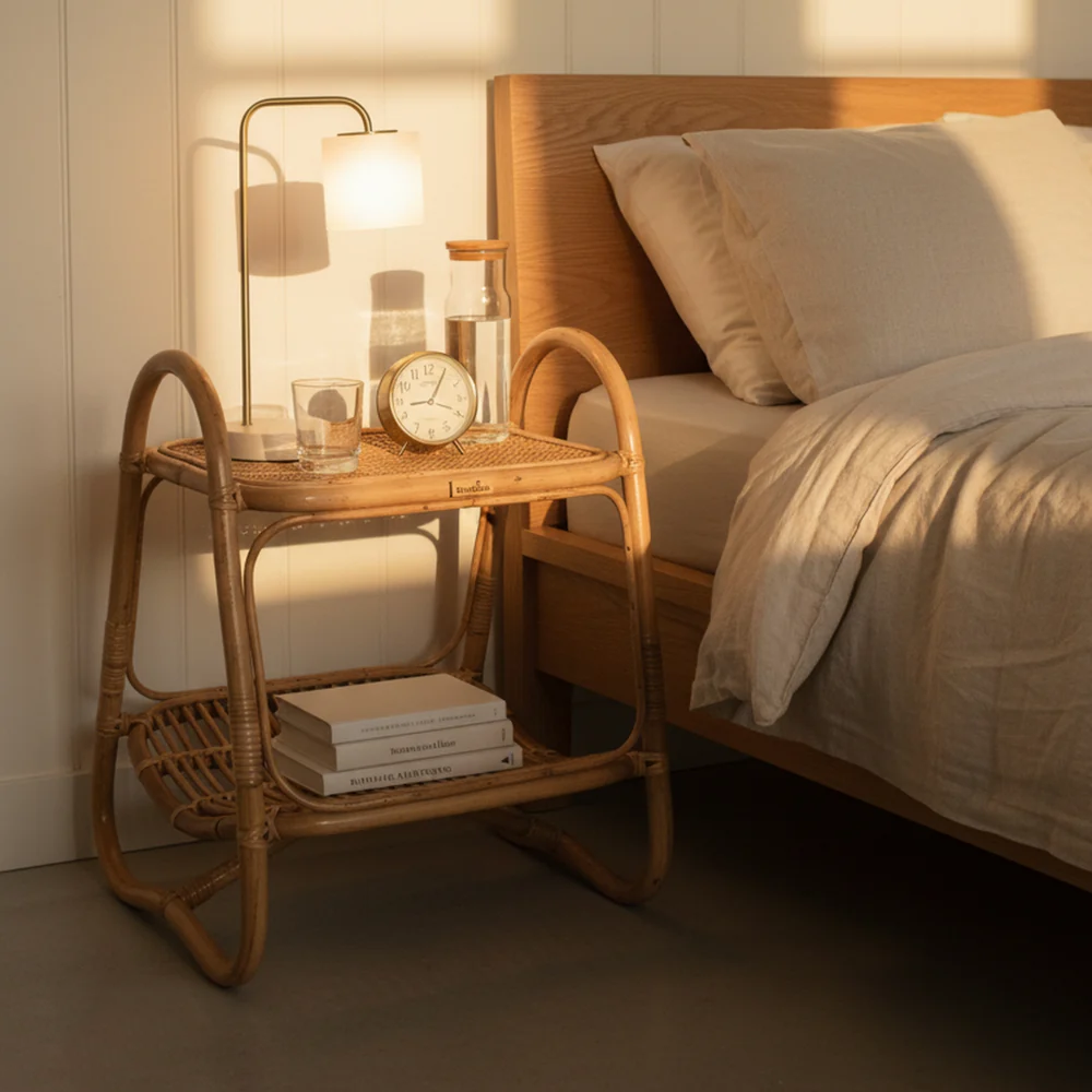 Side Table with Double-Tier Rattan Design
