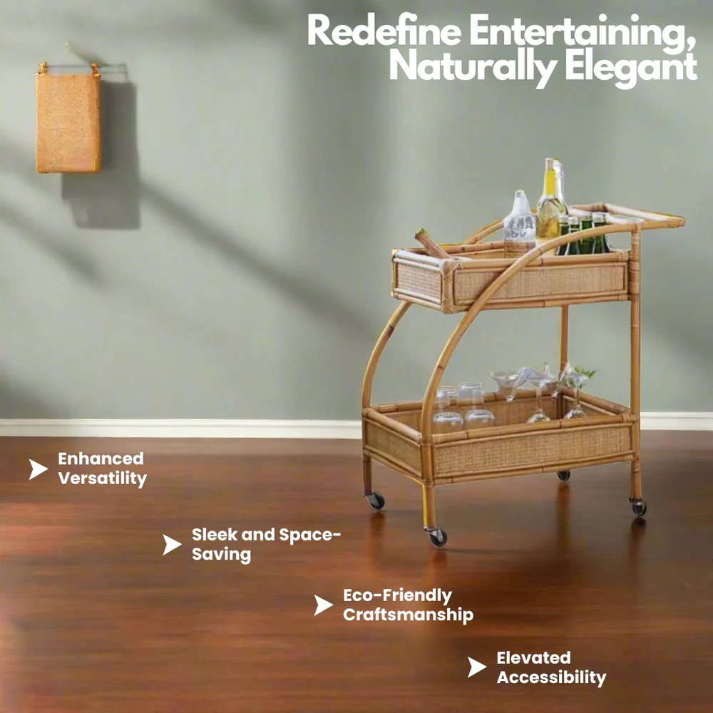 Bar Cart with Rattan Shelves | Curved Cruiser Design