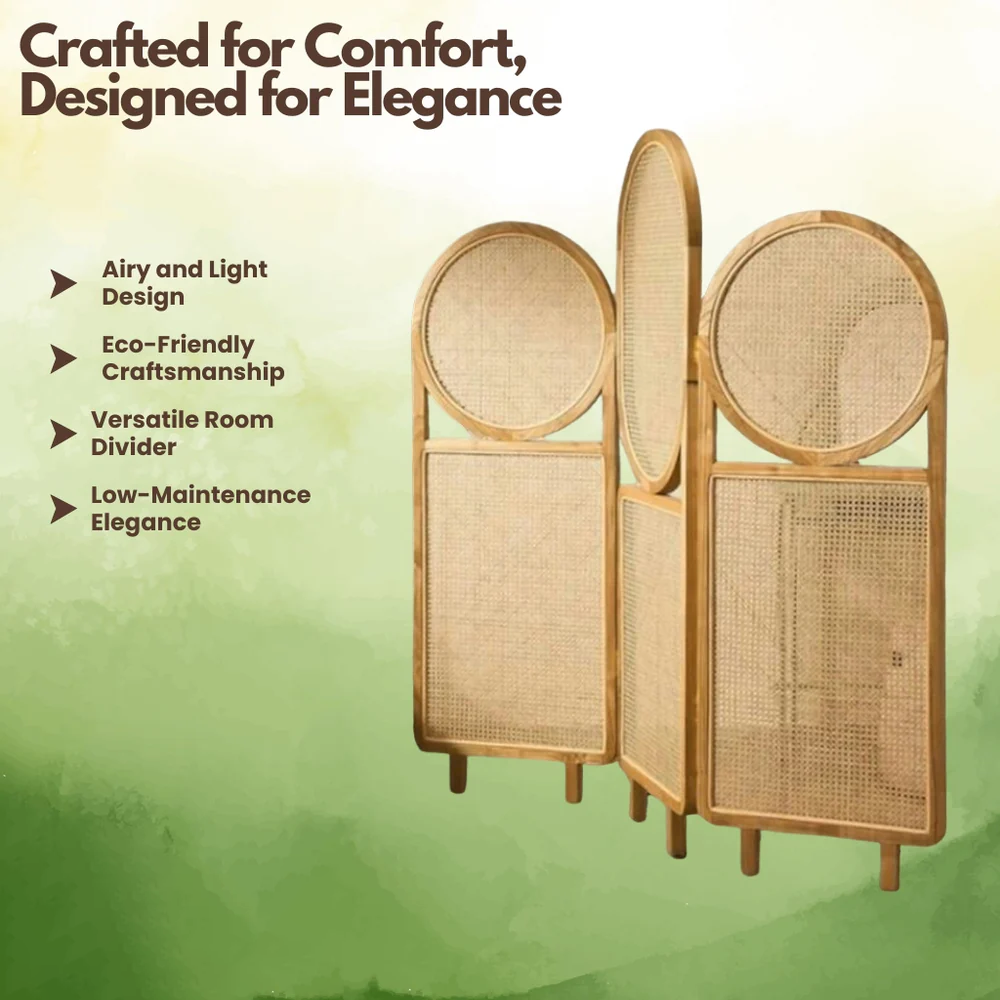 Room Partition Circle Screen Rattan Divider with Folding Panels