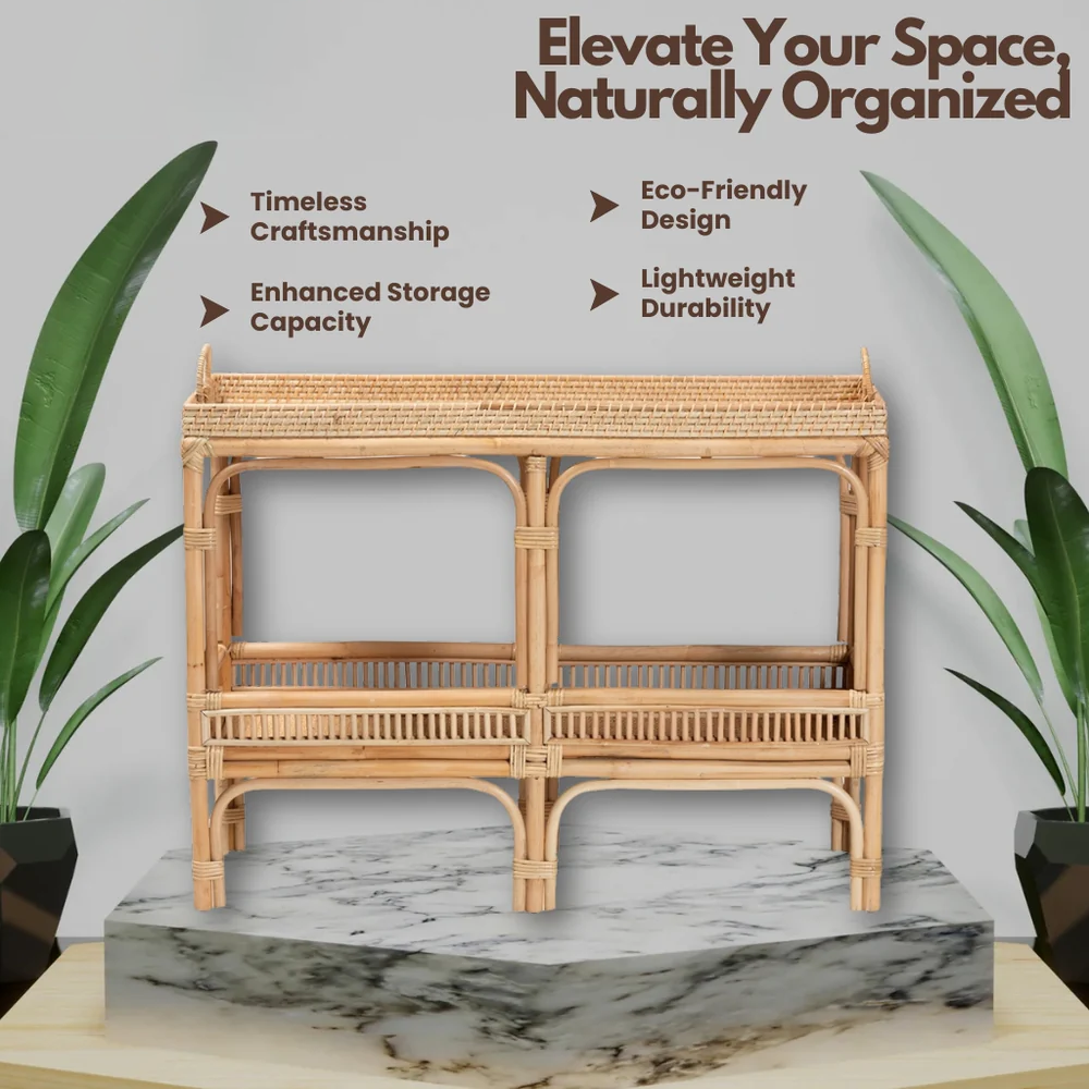 Console Table with Marvel Rattan Weaving and Two-Tier Design